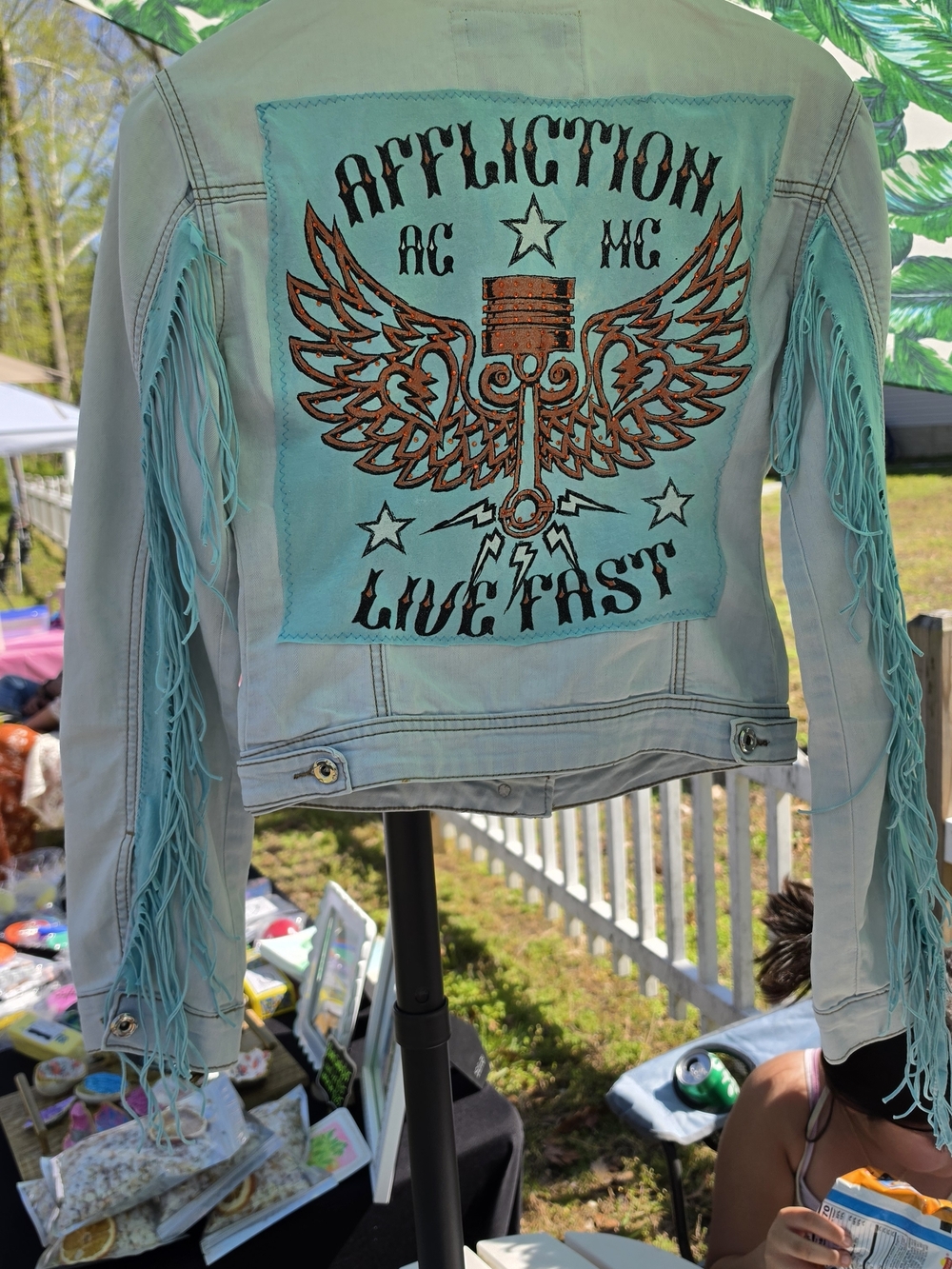 Turquoise Fringe Back-Patch Denim Jacket, Lovingly Upcycled!